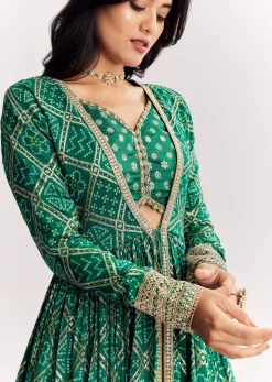 Green Weave Silk Indowestern Skirt Set With Bandhani Print Zari Work Jacket