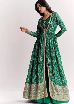 Green Weave Silk Indowestern Skirt Set With Bandhani Print Zari Work Jacket