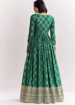 Green Weave Silk Indowestern Skirt Set With Bandhani Print Zari Work Jacket