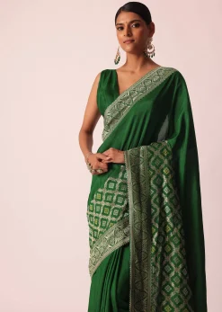 Green Woven Silk Saree With Bandhani Detail And Unstitched Blouse Piece