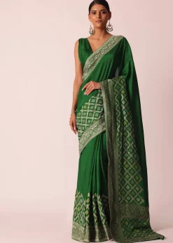 Green Woven Silk Saree With Bandhani Detail And Unstitched Blouse Piece