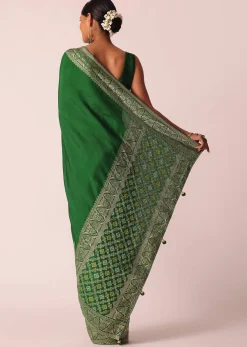 Green Woven Silk Saree With Bandhani Detail And Unstitched Blouse Piece