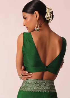 Green Woven Silk Saree With Bandhani Detail And Unstitched Blouse Piece