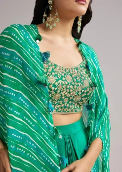 Green Zardosi Cape Set With Crop Top And Skirt