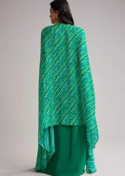 Green Zardosi Cape Set With Crop Top And Skirt