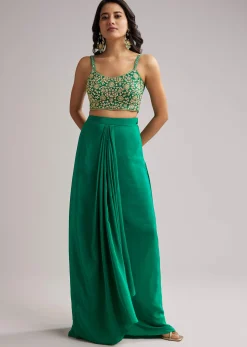 Green Zardosi Cape Set With Crop Top And Skirt