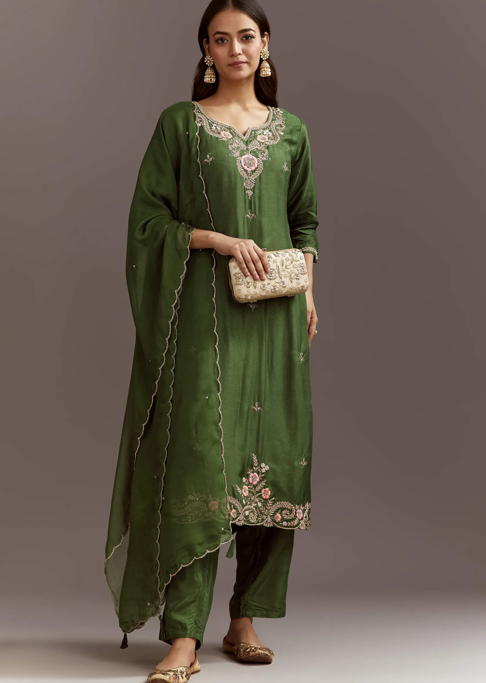 Green Zardosi Dola Silk Kurta Set With Cut Dana Organza Dupatta