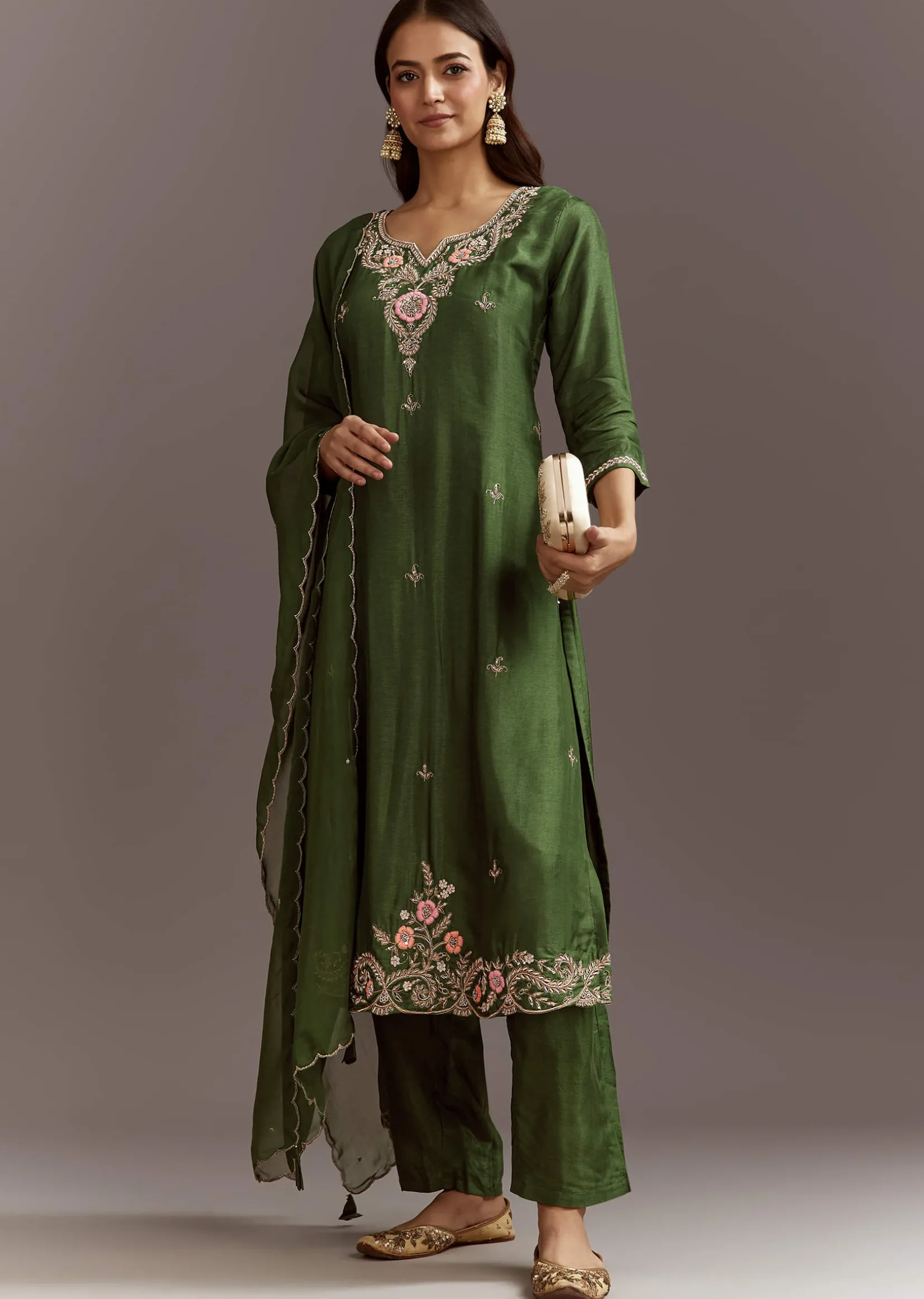 Green Zardosi Dola Silk Kurta Set With Cut Dana Organza Dupatta