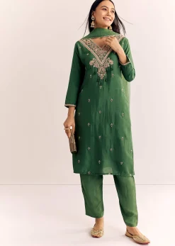 Green Zardosi Work Dola Silk Kurta Dupatta Suit