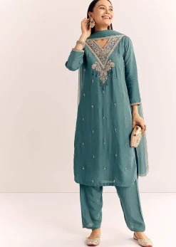 Green Zardosi Work Dola Silk Kurta Set With Dupatta
