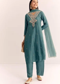 Green Zardosi Work Dola Silk Kurta Set With Dupatta