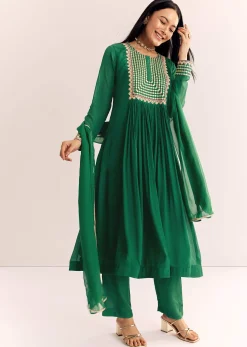 Green Zari Neckline Chinon Anarkali Suit With Dupatta