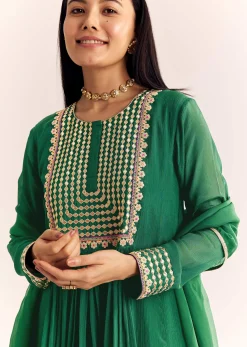 Green Zari Neckline Chinon Anarkali Suit With Dupatta