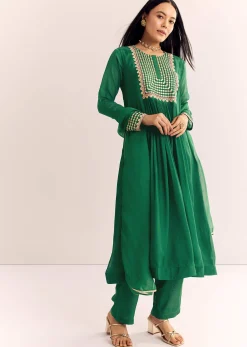 Green Zari Neckline Chinon Anarkali Suit With Dupatta