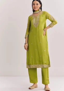 Green Zari Work Kurta Set With Chiffon Dupatta
