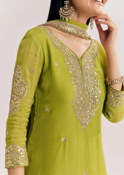Green Zari Work Kurta Set With Chiffon Dupatta