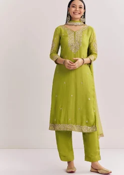 Green Zari Work Kurta Set With Chiffon Dupatta