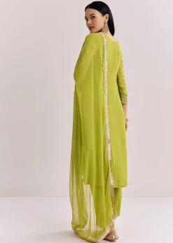 Green Zari Work Kurta Set With Chiffon Dupatta