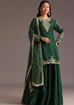 Green Zari Work Palazzo Suit With Organza Dupatta