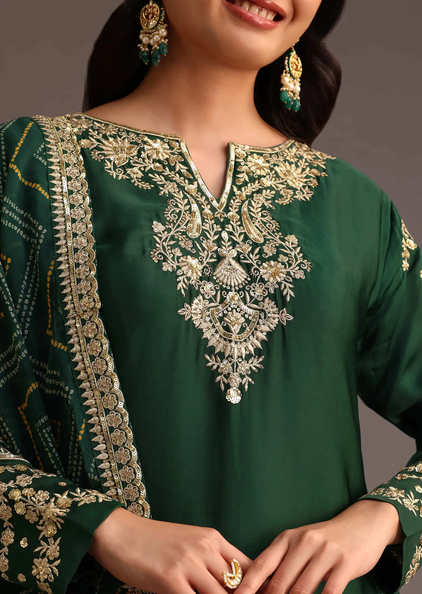 Green Zari Work Palazzo Suit With Organza Dupatta