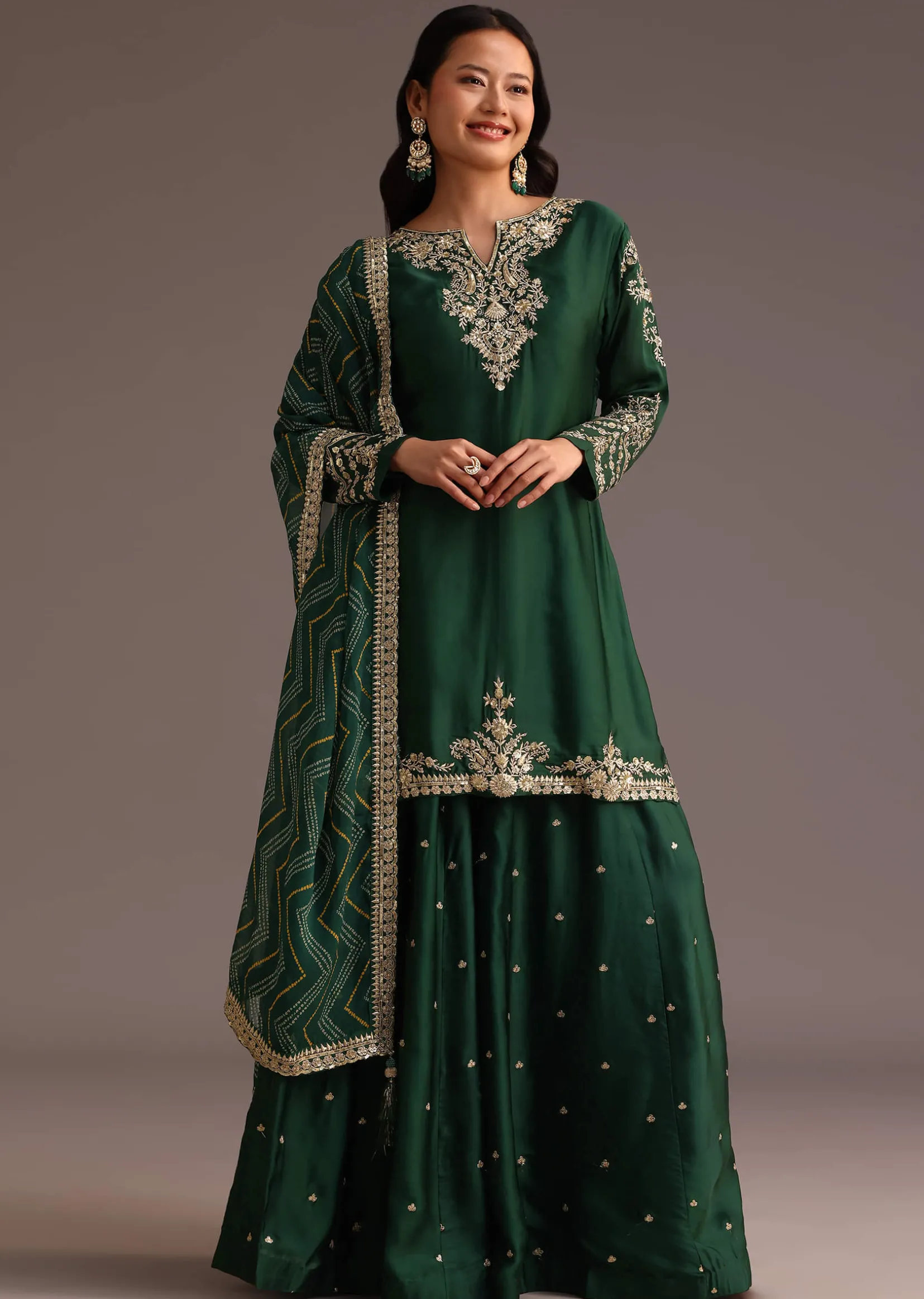 Green Zari Work Palazzo Suit With Organza Dupatta