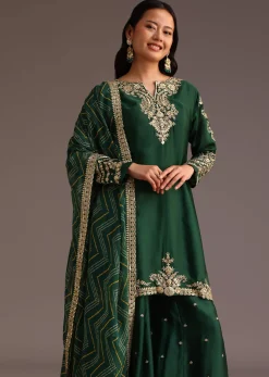 Green Zari Work Palazzo Suit With Organza Dupatta