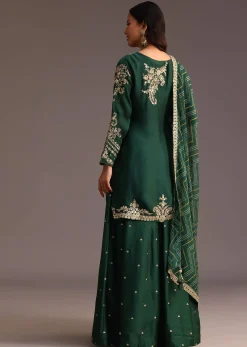 Green Zari Work Palazzo Suit With Organza Dupatta