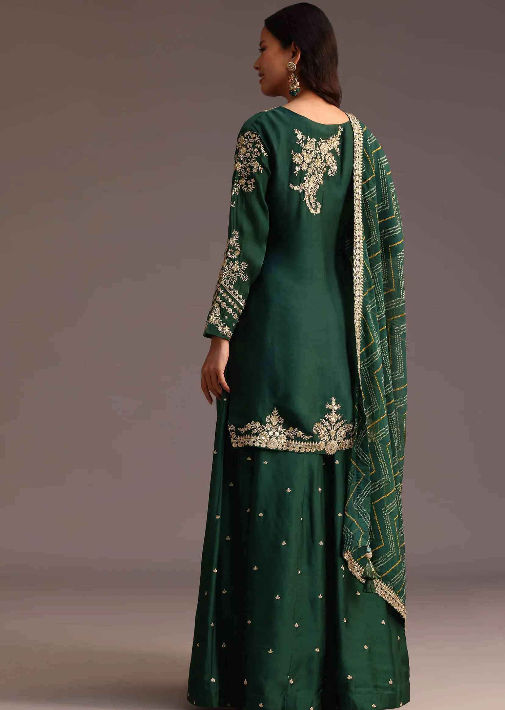 Green Zari Work Palazzo Suit With Organza Dupatta
