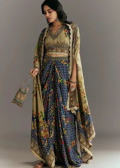 Greenish Beige Muslin Embroidered Croptop With Printed Skirt And Cape