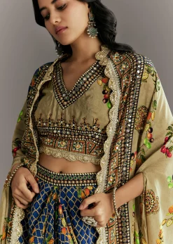 Greenish Beige Muslin Embroidered Croptop With Printed Skirt And Cape