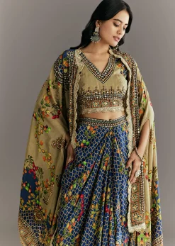 Greenish Beige Muslin Embroidered Croptop With Printed Skirt And Cape