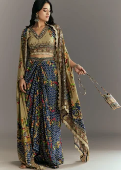 Greenish Beige Muslin Embroidered Croptop With Printed Skirt And Cape