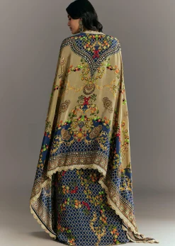 Greenish Beige Muslin Embroidered Croptop With Printed Skirt And Cape