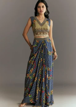 Greenish Beige Muslin Embroidered Croptop With Printed Skirt And Cape