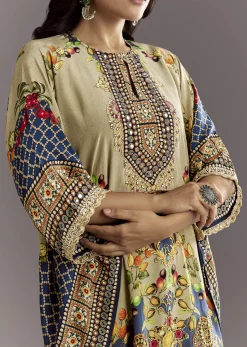 Greenish Beige Printed Kaftaan Kurta With Dhoti