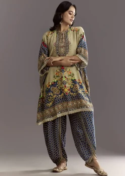 Greenish Beige Printed Kaftaan Kurta With Dhoti