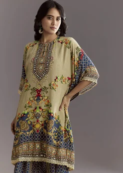 Greenish Beige Printed Kaftaan Kurta With Dhoti