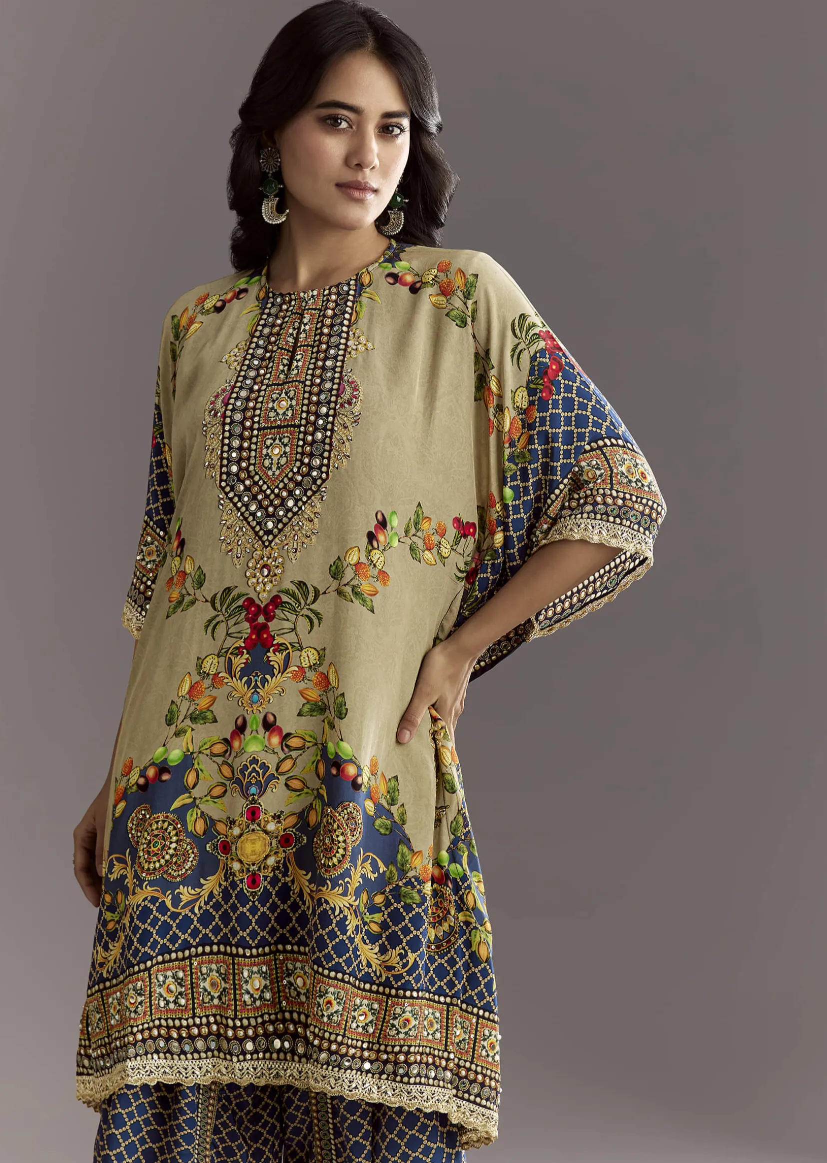Greenish Beige Printed Kaftaan Kurta With Dhoti