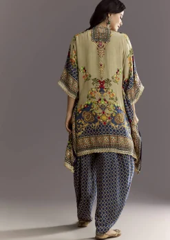 Greenish Beige Printed Kaftaan Kurta With Dhoti