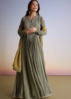 Greenish Grey Crush Tissue Anarkali Suit With Sequins Work