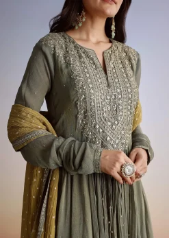 Greenish Grey Crush Tissue Anarkali Suit With Sequins Work