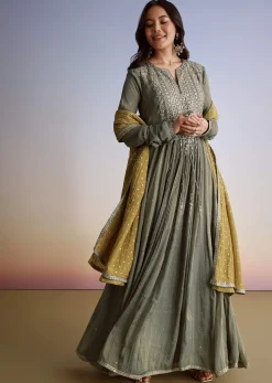 Greenish Grey Crush Tissue Anarkali Suit With Sequins Work