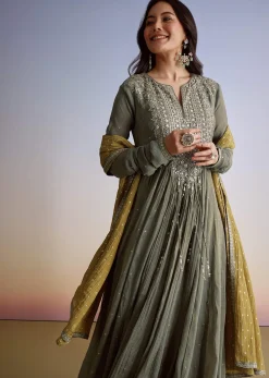 Greenish Grey Crush Tissue Anarkali Suit With Sequins Work