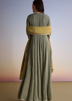 Greenish Grey Crush Tissue Anarkali Suit With Sequins Work
