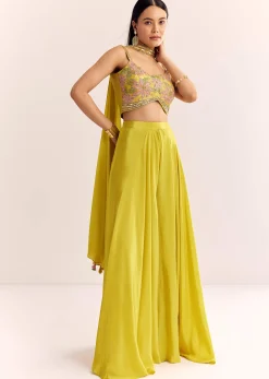 Greenish Yellow Crepe Croptop Dupatta And Palazzo Suit With Resham Zardosi Work