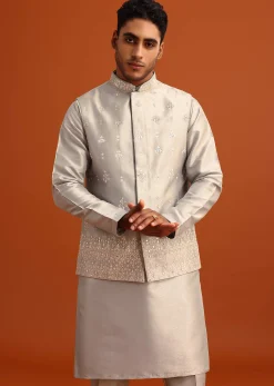 Grey Aari Embroidered Jacket Kurta Set