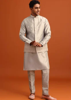 Grey Aari Embroidered Jacket Kurta Set