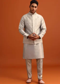 Grey Aari Embroidered Jacket Kurta Set