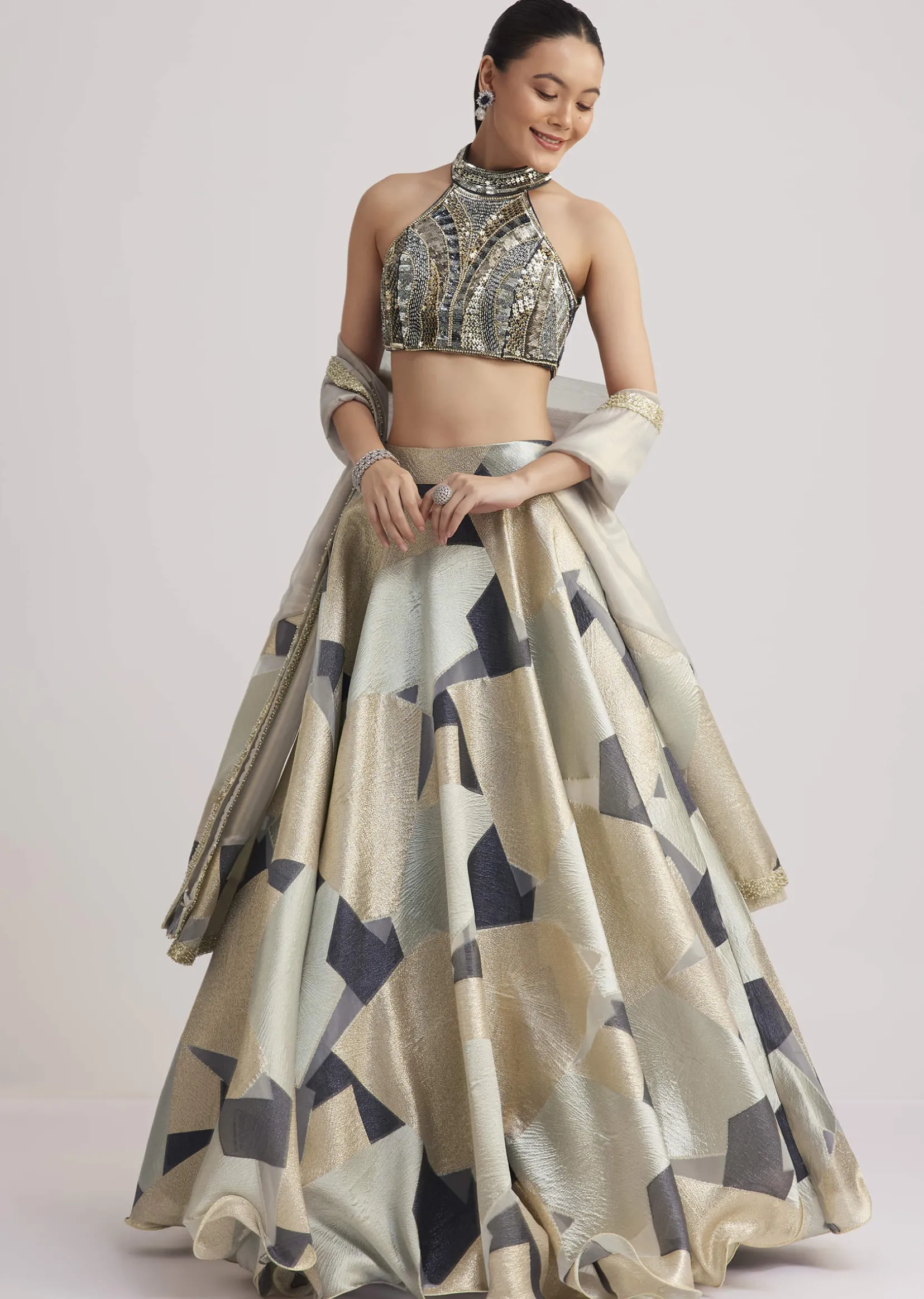 Grey And Gold Net Embroidered Lehenga Set