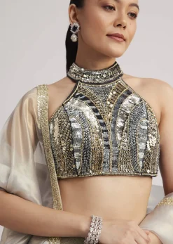 Grey And Gold Net Embroidered Lehenga Set
